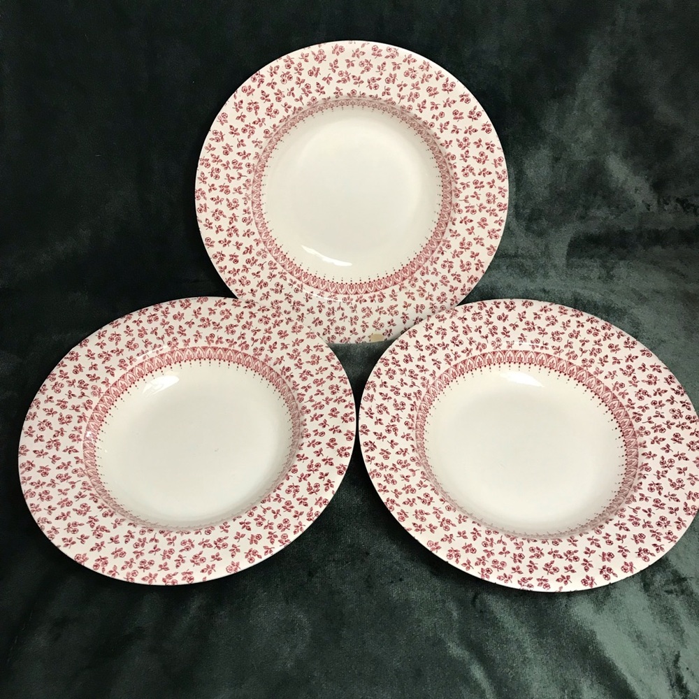 English Ironstone Tableware Soup Plates Provence Red 8.5” Set Of 3 Floral